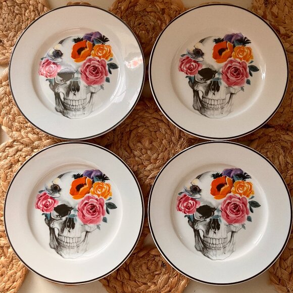 Ciroa Floral Skull Flowers 'Wicked' Series - Set of 4 Dessert Plates - Rare - Picture 1 of 8